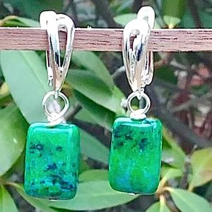 Handmade Blue and Green Chrysacolla Stone Earrings, Silver Tone, NWT